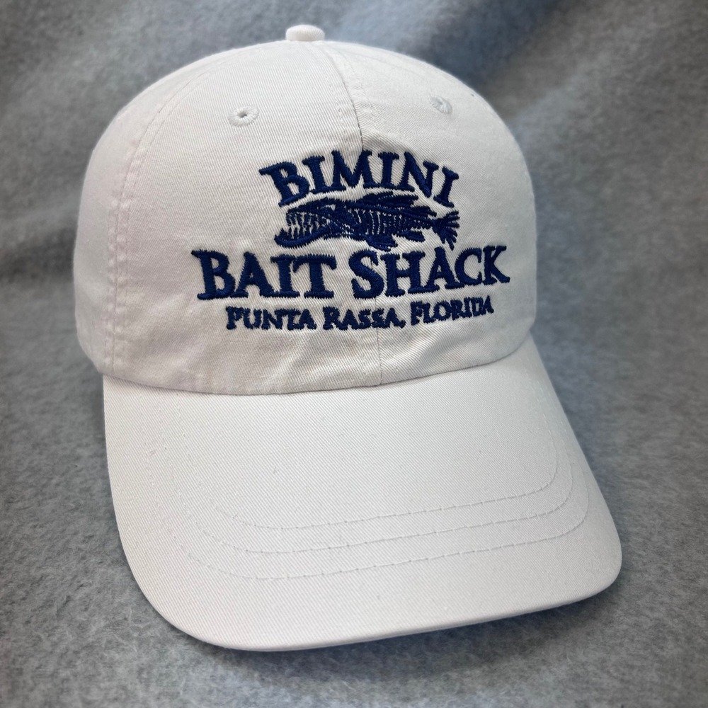 Bimini Bait Shack Mens White Adams Hat Leather Strap Florida Souvenir OSFM